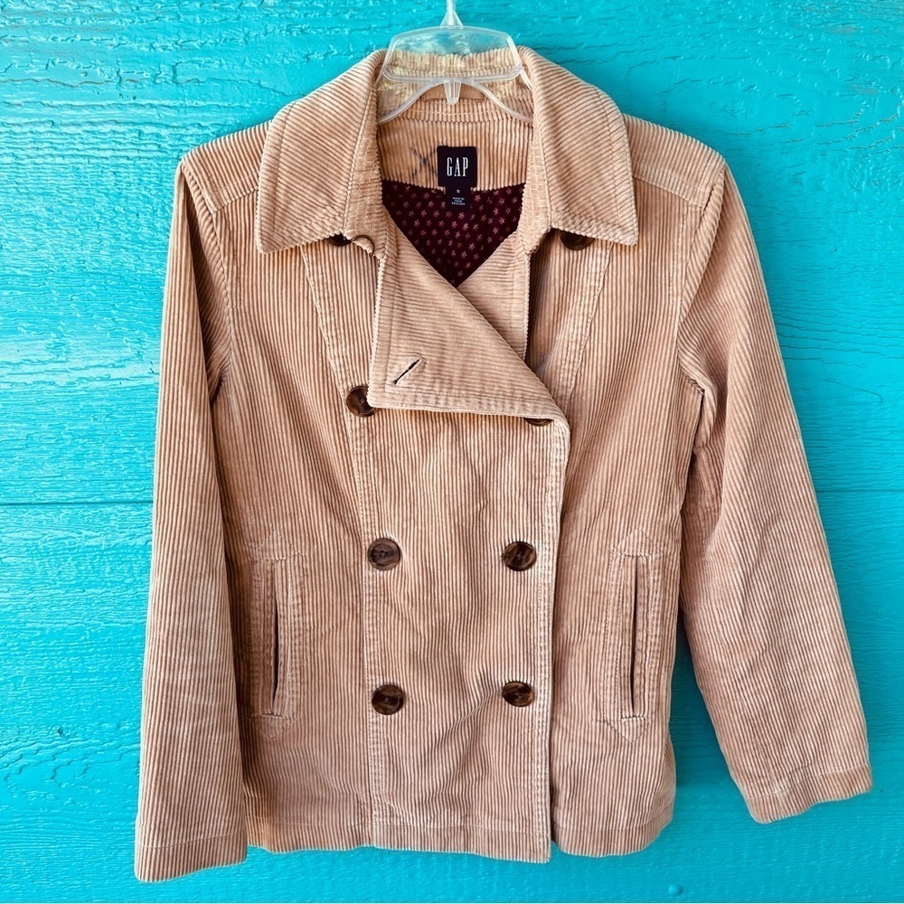 GAP CORDUROY TAN DOUBLE BREASTED COTTON PEACOAT JACKET WITH POCKETS SIZE SMALL - Picture 3 of 13